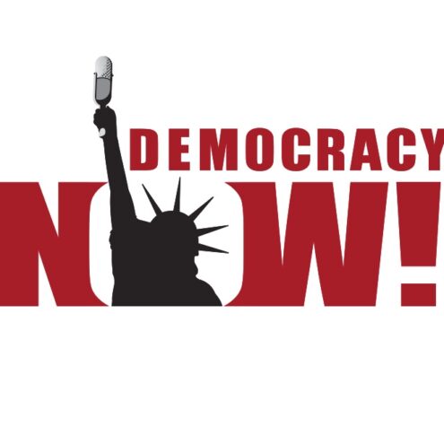 The image features the logo for “Democracy Now!” The design includes the silhouette of the Statue of Liberty holding a microphone in place of the torch. The words “DEMOCRACY NOW!” are displayed prominently in bold red letters, with “DEMOCRACY” above and “NOW!” below the statue’s arm. This logo represents the independent news program known for its progressive and critical reporting on political and social issues.