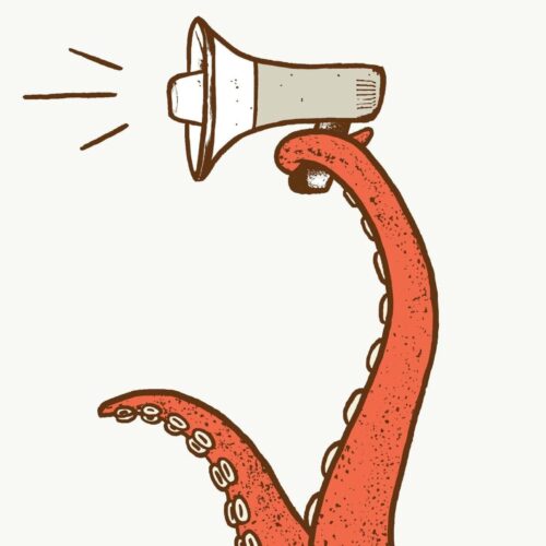 A cartoon octopus arm holding a bullhorn