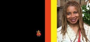 The image features a smiling woman with long, blonde-brown dreadlocks, wearing a light-colored top with subtle patterns. She stands in front of a background of green foliage with white flowers, giving the scene a peaceful, natural feel. On the left side of the image, there is a solid black space with vertical stripes of red, orange, and yellow on the right edge. A small character in a red outfit with a superhero cape is placed near the bottom of the black section, adding a fun, playful touch to the composition.