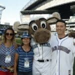 Mike Clark with wife, Emily, mother, Mitsu Clark, and the Mariner Moose