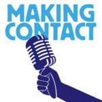 The image is a promotional graphic for the KBCS radio program "Making Contact." It features the KBCS 91.3 FM logo at the top, with the words "5 AM" and "Thursdays" prominently displayed to indicate the airtime of the show. Below the time, the title "Making Contact" is displayed in bold blue letters, accompanied by an image of a hand holding a microphone, symbolizing the program's focus on public affairs and journalism. The text at the bottom of the image reads: "An award-winning public affairs program delivering international news and spotlighting solutions from everyday people." The background consists of a grid of stylized, diverse cartoon avatars representing different people. This image serves as an announcement and a call to tune in to the "Making Contact" program on KBCS.