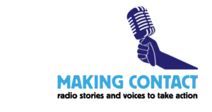 The image is a logo banner for the KBCS program “Making Contact.” The design features a stylized blue hand holding a microphone, with the program’s title “MAKING CONTACT” written in bold, blue letters beneath the image. The tagline “radio stories and voices to take action” is displayed below the title in black text. This logo represents the show’s focus on amplifying voices and stories that inspire action.