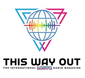 The image is a promotional graphic for “This Way Out,” an international LGBTQ radio magazine broadcast on KBCS 91.3. The background features a gradient of bright, rainbow colors blending into each other, symbolizing LGBTQ+ pride. In the center-left, there’s a logo consisting of a triangle with a globe in the middle. The globe is filled with colorful sound waves representing the radio format and global reach. The text “This Way Out” is written in bold black letters above the logo. To the right, there is a white bubble with the text “The International LGBTQ Radio Magazine” in a stylized font, emphasizing the show’s global and inclusive nature. Below this, there is smaller text that reads “Tuesdays @ 5AM,” indicating the broadcast time. At the top of the image is the KBCS 91.3 logo, which is a rectangular green and brown box with white text. The Bellevue College logo is placed subtly at the bottom center of the image, showing affiliation with the institution. The design is colorful and dynamic, with clear, contrasting text that is easy to read. The use of rainbow colors and the globe emphasizes the show’s focus on LGBTQ+ issues from a global perspective.