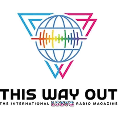 The image is a promotional graphic for “This Way Out,” an international LGBTQ radio magazine. Pink and blue triangles with sphere image and rainbow waveform.
