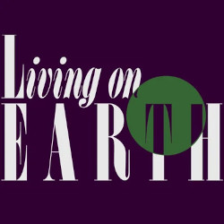The image is "Living on Earth" in white text over a purple background.