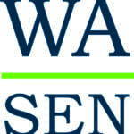 The image shows a logo for the Washington Student Engagement Network (WA-SEN). The logo consists of bold, capitalized letters “WA” stacked above “SEN,” with a green line separating the two. The overall design is minimalist, using dark blue for the text, with a bright green line as an accent, representing a clean and professional look.
