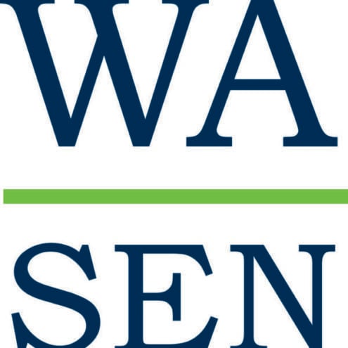 The image shows a logo for the Washington Student Engagement Network (WA-SEN). The logo consists of bold, capitalized letters “WA” stacked above “SEN,” with a green line separating the two. The overall design is minimalist, using dark blue for the text, with a bright green line as an accent, representing a clean and professional look.