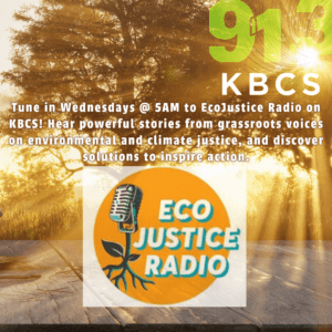 The attached image promotes EcoJustice Radio on 91.3 KBCS, airing Wednesdays at 5 AM. It features a vibrant background with golden sunlight filtering through trees, creating an inspiring natural scene. The central message invites listeners to tune in for powerful stories from grassroots voices focusing on environmental and climate justice. The text emphasizes that the program helps uncover solutions to inspire action, promoting activism through storytelling. The show’s logo, featuring a microphone growing from tree roots, symbolizes the connection between environmental advocacy and community voices.