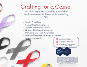 The image titled “Crafting for a Cause” features an invitation to join Bellevue College’s October Health Awareness Ribbons and Button Making Party. The event offers free entry along with snacks and drinks. The visuals show ribbons in various colors, including orange and teal, symbolizing different health causes, and buttons with motivational words like “warrior” and “your life matters.” The event details include the date: October 15, 2024, from 2:00 PM to 4:00 PM, at the T Building, 2nd Floor, in the HPM Hub at Bellevue College. The poster also emphasizes Bellevue College’s commitment to non-discrimination.