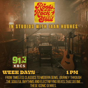 The attachment for “Roots, Rock & Soul” with Iaan Hughes visually promotes the radio program on 91.3 KBCS. It features a warm, sepia-toned image of an intimate music studio setup. There’s a chair, a microphone stand, an acoustic guitar, and various other musical instruments, giving a nostalgic, rustic vibe that matches the show’s theme of revisiting timeless music. The logo for “Roots, Rock & Soul” is prominently displayed in the upper section, with the tagline: “In Studios with Iaan Hughes.” Below, it highlights the show’s schedule: airing weekdays at 1 PM. The text emphasizes that the show covers music from “timeless classics to modern gems” and invites listeners to “journey through soulful rhythms and electrifying beats that define these iconic genres.” The visual style aligns with the rich, deep sounds of roots, rock, and soul, making it appealing to music enthusiasts.
