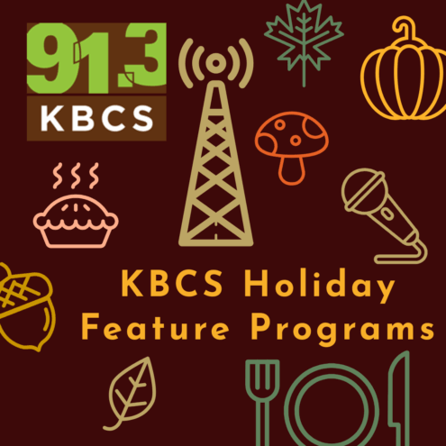 Fall and harvest line art on top brown background with KBCS logo