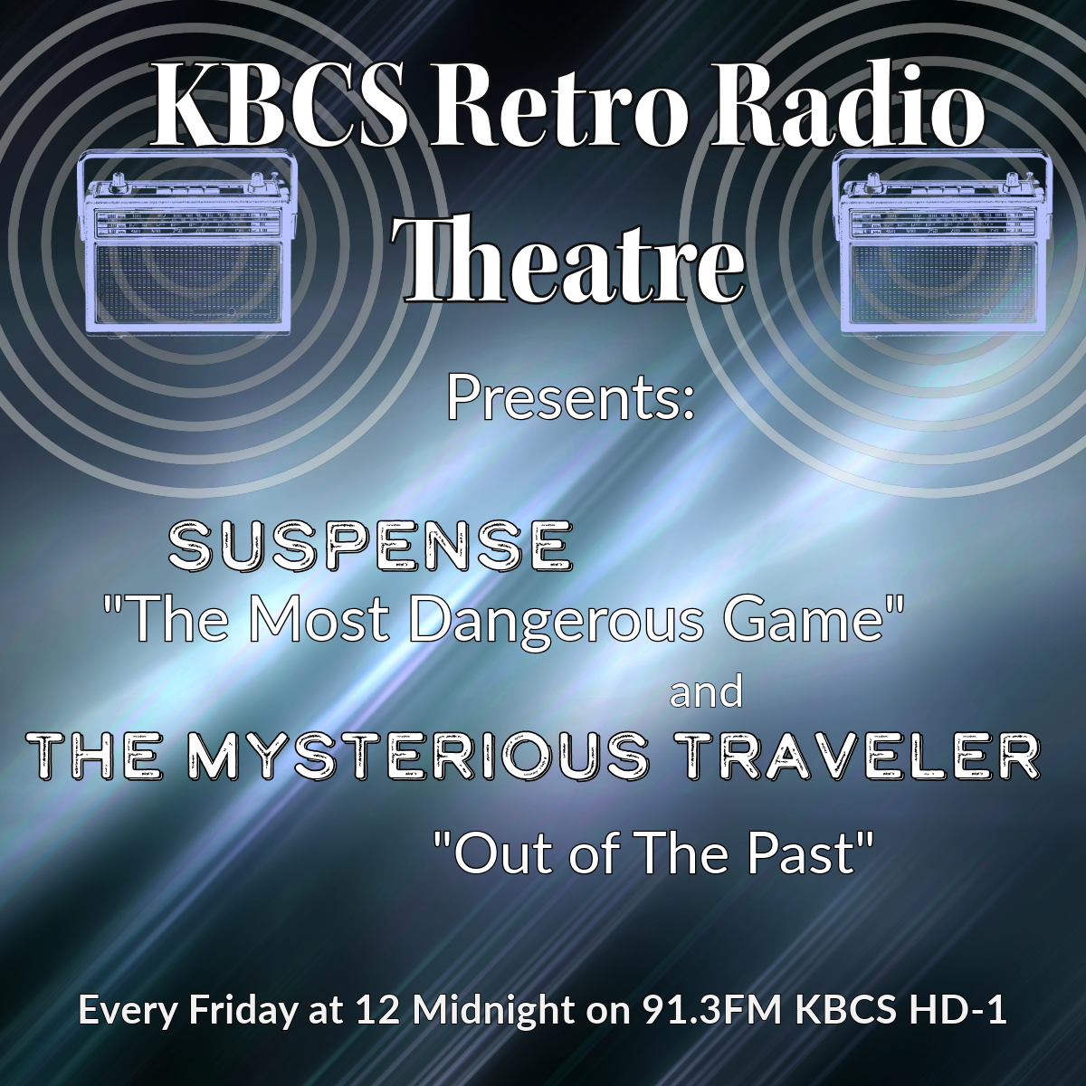 KBCS Retro Radio Theatre with vintage radios exuding ghostly light.