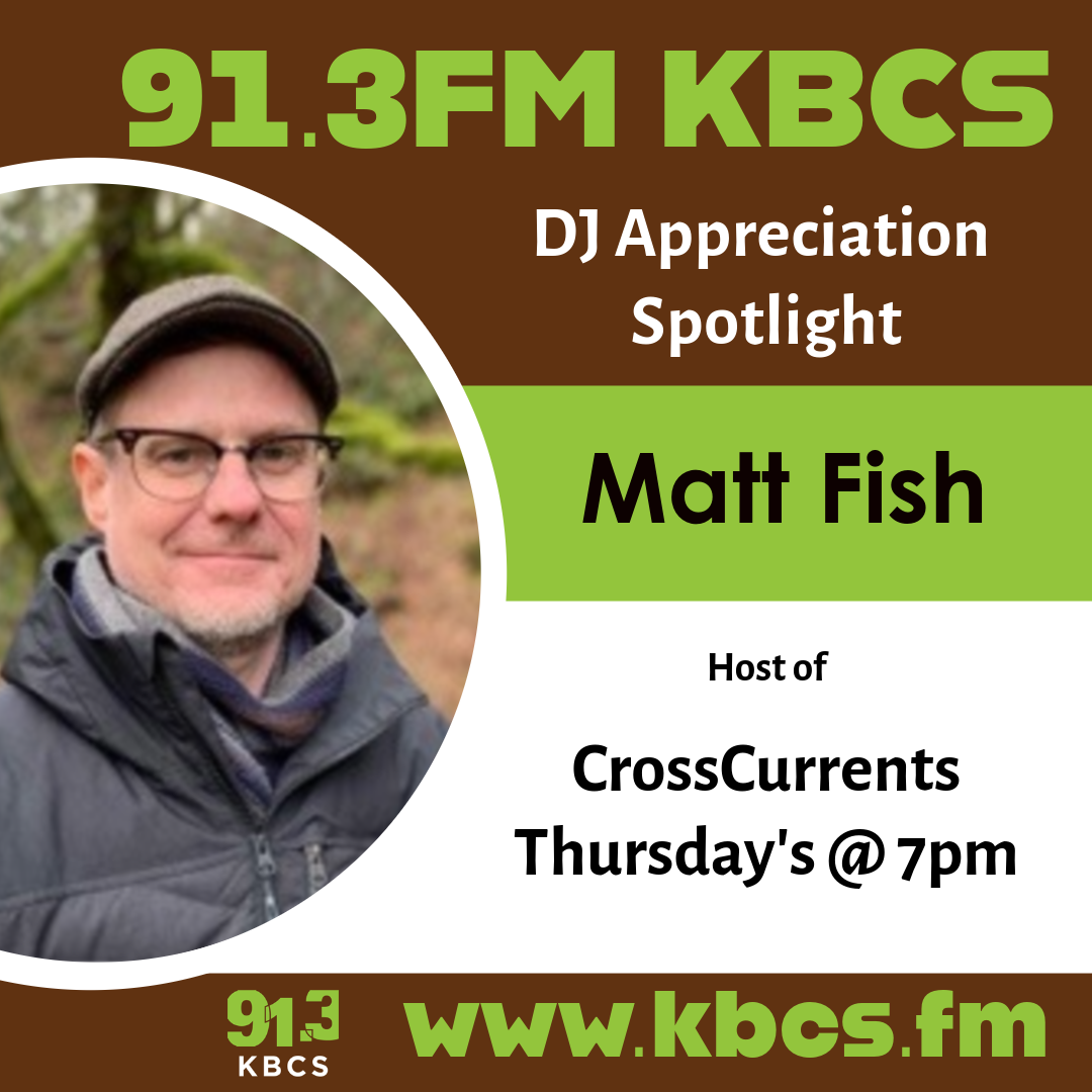 A graphic of a DJ appreciation post for Matt Fish in brown, green, and white. There is a circle with a photo of a man wearing a hat and glasses outside with trees covered in moss behind him making a neutral face.