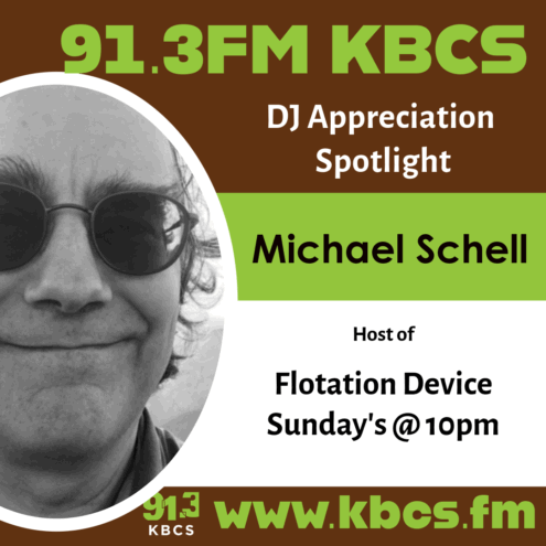 A graphic for a KBCS DJ appreciation post in brown, green, and white. There is an image of a white man wearing glasses with water behind him inside of an oval, the image is in black and white, and the man is making a neutral face.