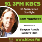 A graphic for a KBCS DJ appreciation post with brown, green, and white color scheme. In a circle on the left, there is an image of a white man with long brown hair and brown eyes making a neutral face.