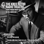 Black white photo of man in suit and hat looking off camera over some controls, text for show super imposed