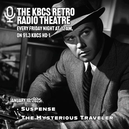 Black white photo of man in suit and hat looking off camera over some controls, text for show super imposed