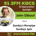 A poster for a DJ appreciation post from KBCS. This post has a man with reddish hair fair complexion in grey T-shirt