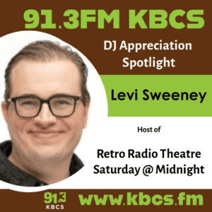 A DJ Appreciation graphic in KBCS color palette of Lime Green, Brown, and White for Levi. There is a photo inside of an ellipse of a white man with blonde hair wearing glasses smiling with his mouth closed.
