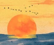 Watercolor image with orange sun horizon over water and silhouettes of birds