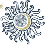 54th Annual Northwest Folklife Festival lgo. Stylized sun illustration with swirling, navy blue rays surrounding a central circle featuring wave-like patterns. A small yellow star is in the top left corner.