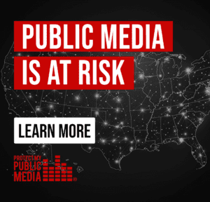 Map of the U.S. with glowing network lines. Bold text reads "Public Media is at Risk" in red. A button below says "Learn More." Serious tone.