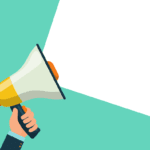 Cartoon image of a hand holding a megaphone up.