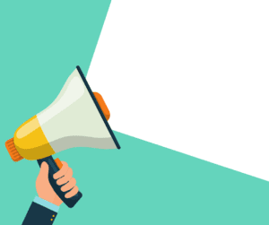 Cartoon image of a hand holding a megaphone up.