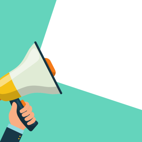 Cartoon image of a hand holding a megaphone up.
