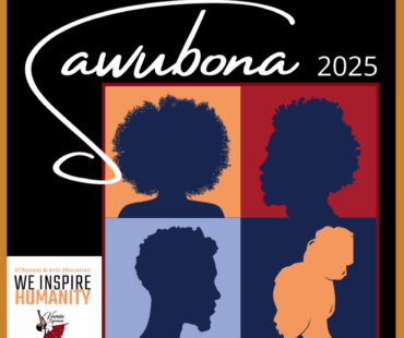 Sawubona 2025 graphic featuring silhouettes of people in a four-panel grid. Bold, inspiring text reads 'We Inspire Humanity' with an illustration of a woman in a skirt dancing.