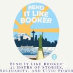 Bend like Booker Graphic with city scape and sun rays over space needle and statue of liberty