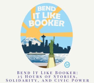 Bend like Booker Graphic with city scape and sun rays over space needle and statue of liberty