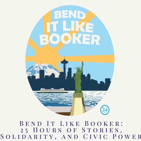 Bend like Booker Graphic with city scape and sun rays over space needle and statue of liberty