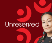 Unreserved - logo and red background with host profile braided black hair, eyes and jacket. Colorful clear long earring charms. Title and CBC logo
