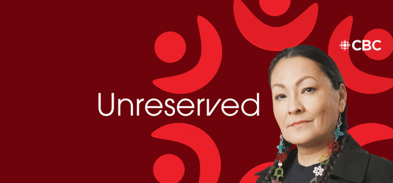 Unreserved - logo and red background with host profile braided black hair, eyes and jacket. Colorful clear long earring charms. Title and CBC logo