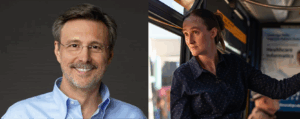 A split image: on the left, a man with glasses and a friendly smile in a light blue shirt against a dark background; on the right, a woman in a dark blouse looking thoughtful, standing near a bus window.