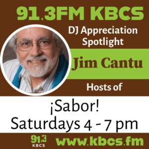 Jim Cantu - KBCS DJ logo brown and green with text