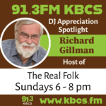 KBCS DJ Appreciation logo, brown and green with bearded white hair Richard Gillman in blue shirt and glasses