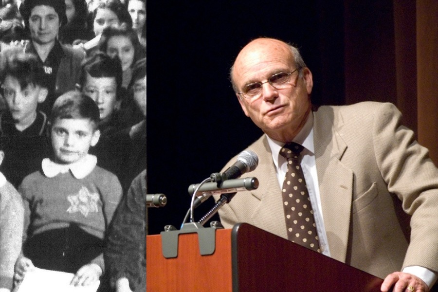 A split image: On the left, a black-and-white photo shows a young boy in a crowded group, looking directly at the camera. On the right, an elderly man in glasses, wearing a beige suit, speaks at a wooden podium with a microphone, exuding a thoughtful demeanor.