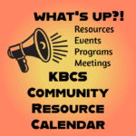 orange background with a yellow center radial gradient. Megaphone logo and text of KBCS Community Resource Calendar.