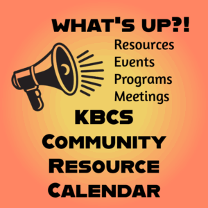 Orange background with a yellow center radial gradient. Megaphone logo and text of KBCS Community Resource Calendar.