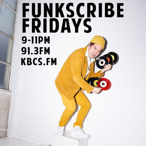 Funkscribe Fridays text with Antoine da Funkscribe posing in yellow ski hat, suit jacket and pants with 7 inch vinyl records in hand