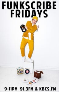 Funkscribe Fridays text with Antoine da Funkscribe posing in yellow ski hat, suit jacket and pants with 7 inch vinyl records in hand and scattered on floor