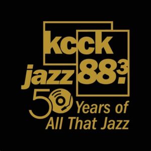 black background with gold graphic and logo for KCCK Jazz - 50 years of All That Jazz