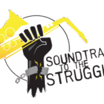 Black hand illustration holding a yellow saxophone with a broke handcuff on the wrist and title Soundtrack to the Struggle