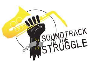 Black hand illustration holding a yellow saxophone with a broke handcuff on the wrist and title Soundtrack to the Struggle