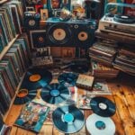 Collection of vinyl records strewn across wood floor in front of window