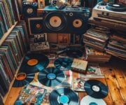 Collection of vinyl records strewn across wood floor in front of window
