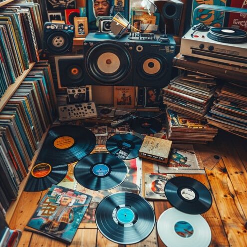 Collection of vinyl records strewn across wood floor in front of window