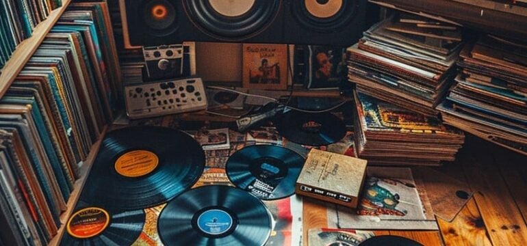 Collection of vinyl records strewn across wood floor in front of window